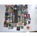 A LARGE QUANTITY OF CLOTH BADGES TO INCLUDE SAS, SCOTS GUARDS, GREEN HOWARDS, DESERT RATS, RIFLES,