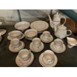 A WHITE AND GOLD SIX PLACE SETTING DINNER SERVICE TO INCLUDE TEA AND COFFEE POTS