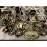 AN ASSORTMENT OF INTERESTING ITEMS TO INCLUDE EPNS, A BAROMETER, PAPER WEIGHTS ETC