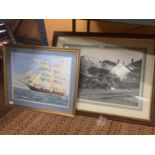 TWO FRAMED PICTURES OF A TRAIN AND A GALLEON