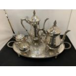 A FOUR PIECE SILVER PLATED TEA AND COFFEE SET ON MATCHING TRAY