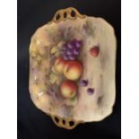 A ROYAL WORCESTER TWIN HANDLED DISH HAND PAINTED FRUIT STUDY BY ALBERT SHUCK WIDTH 28.5CM, CONDITION