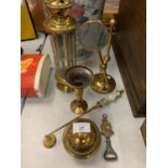 A COLLECTION OF BRASSWARE TO INCLUDE LAMP, MAGNIFYING GLASS AND BELL