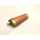 A BRASS AND LEATHER THREE WAY POWDER FLASK