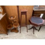 A THREE DIVISION PLANT STAND, JARDINIERE STAND AND MINIATURE LIBRARY STYLE TABLE