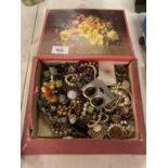 A BOX OF COSTUME JEWELLERY TO INCLUDE NECKLACES, EARRINGS ETC.