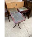 TWO TILT TOP TRIPOD TABLES AND SMALL SOFA STYLE TABLE WITH INSET LEATHER TOPS