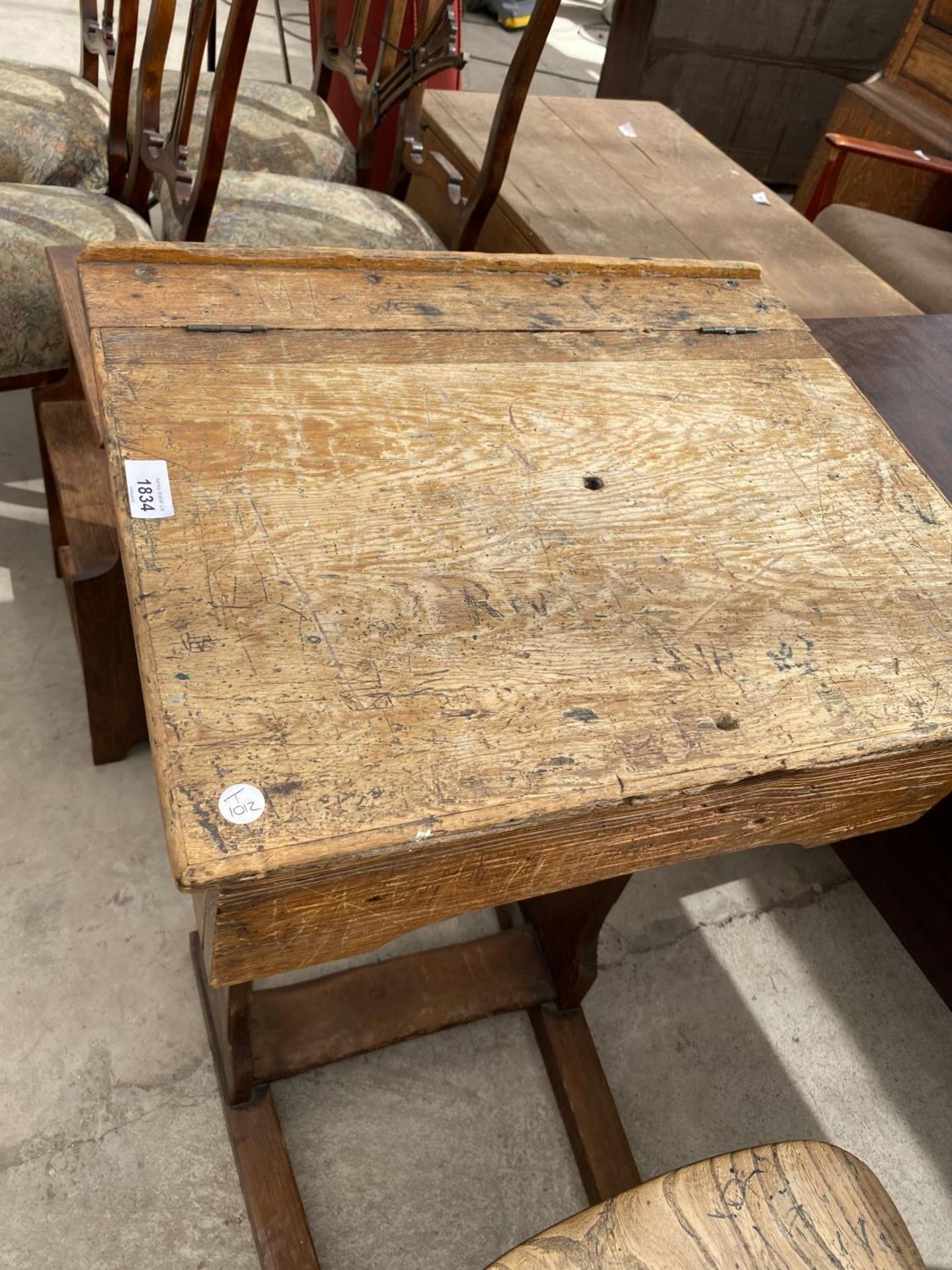 A VICTORIAN PITCH PINE SCHOOL DESK AND CHAIR - Image 2 of 4