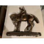 A BOXED REFLECTIONS BY LEONARDO BRONZE EFFECT HORSE AND JOCKEY FIGURE