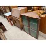 AN OAK BUREAU CORNER CUPBOARD AND WHITE TOPPED TABLE