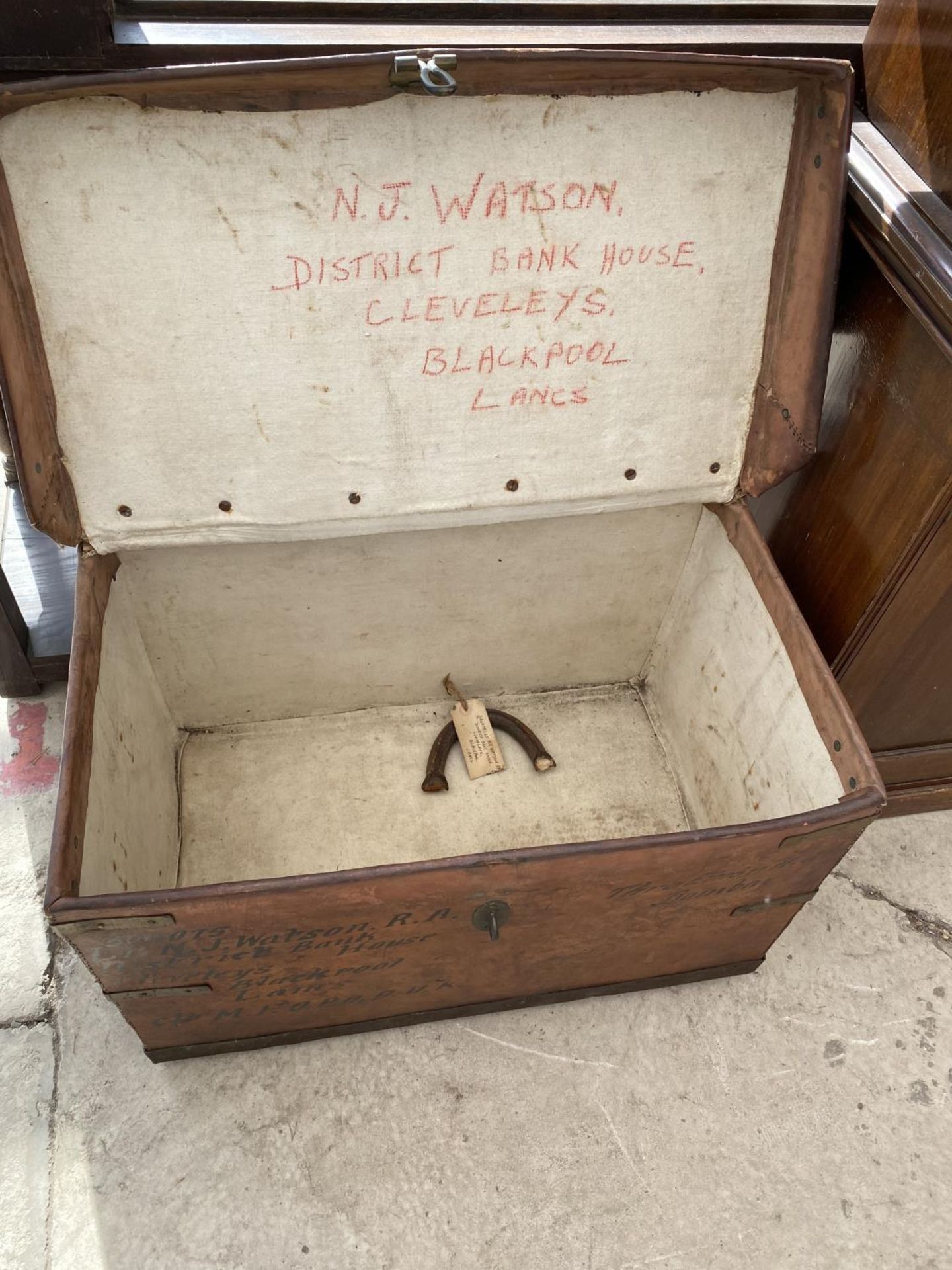 A 19TH CENTURY LEATHER OFFICERS TRAVELLING TRUNK (LT N.M.WATSON C/O MFOPODUK), ALSO INSCRIBED - Image 4 of 4