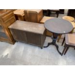 A SMALL OAK BLANKET CHEST AND VICTORIAN TRIPOD TABLE