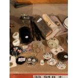 A GROUP OF COLLECTABLES TO INCLUDE PURSE, GLOVES, GLASS CASE, DECANTER LABELS ETC