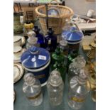 A SELECTION OF GLASS AND CERAMIC CHEMIST JARS WITH NAMES TO INCLUDE A SET OF BOXED CHEMIST SCALES