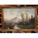 A LARGE OIL ON CANVAS MOUNTAIN LANDSCAPE SCENE