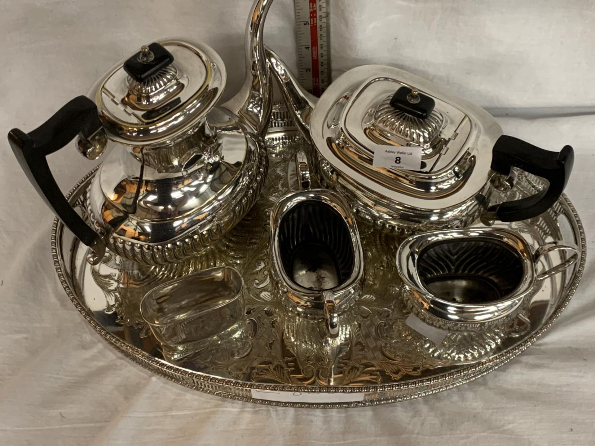 A FIVE PIECE SILVER PLATED TEA AND COFFEE SET WITH MATCHING TRAY - Image 2 of 2