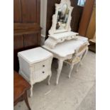 A FRENCH STYLE CREAM DRESSING TABLE, DRESSING STOOL AND TWO BEDSIDE CHESTS OF TWO DRAWERS ON