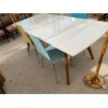 A MODERN WHITE TOPPED DINING TABLE AND FOUR METAL BASED CHAIRS WITH MULTI-COLOURED SEATS