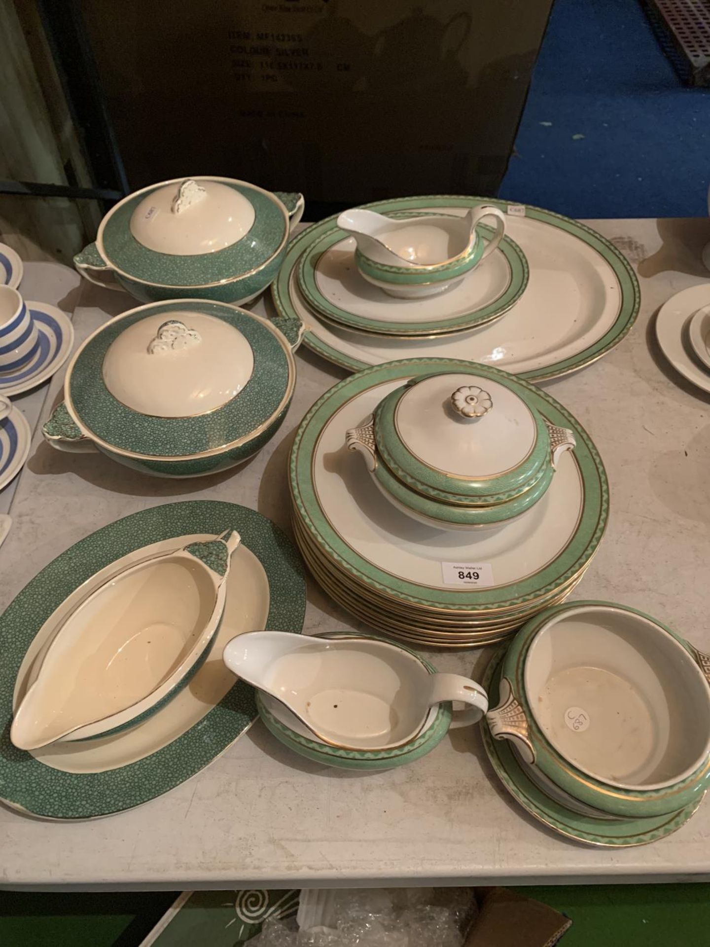A SILICON CHINA DINNER SERVICE WITH TUREENS, MEAT PLATE ETC