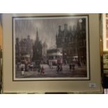 A FRAMED PRINT OF THREE TRAMS IN ALBERT SQUARE, MANCHESTER BY BRITISH ARTIST ARTHUR DELANEY