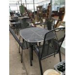 A METAL RECTANGULAR GARDEN TABLE WITH FOUR MATCHING CHAIRS