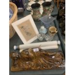 A SELECTION OF ITEMS TO INCLUDE A RECLINING BUDDHA AND A CHINESE SCROLL