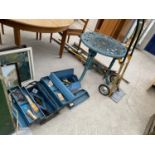 A SACK TRUCK, GARDEN TOOLS, PLASTIC GARDEN TABLE AND TWO TOOL BOXES