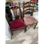 A MAHOGANY DINING CHAIR AND AN OAK LADDERBACK KITCHEN CHAIR