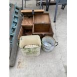 AN ENAMEL BREAD BIN, FLOUR TIN AND VARIOUS WOODEN BOXES