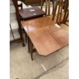 A SMALL MAHOGANY FOLD OVER CARD TABLE AND MAHOGANY AND CROSSBANDED SUTHERLAND TABLE