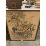 A LARGE TAPESTRY DEPICTING JUNGLE ANIMALS AND FRAMED IN WOOD