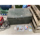 A VINTAGE TIN TRUNK, CARDS, PUBS ITEMS ETC