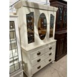 A LATE VICTORIAN CABINET ON BASE WITH MIRROR AND ETCHED GLASS TO UPPER PORTION AND TWO SHORT AND