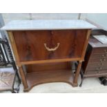 A 19TH CENTURY MAHOGANY ESCRITOIRE ON OPEN BASE WITH WHITE MARBLE TOP AND APPLIED GILT METAL