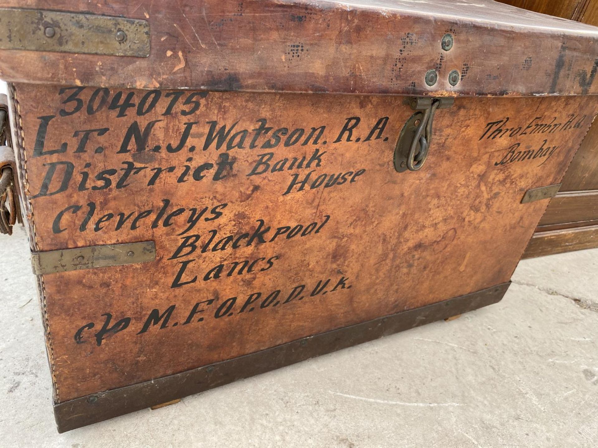 A 19TH CENTURY LEATHER OFFICERS TRAVELLING TRUNK (LT N.M.WATSON C/O MFOPODUK), ALSO INSCRIBED - Image 3 of 4