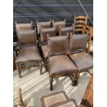 EIGHT OAK DINING CHAIRS WITH STUDDED LEATHER UPHOLSTERY
