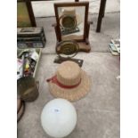 A SPHERICAL OPAQUE GLASS LAMP SHADE, STRAW HAT, DINNER GONG AND MAHOGANY DRESSING TABLE MIRROR
