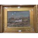 A GILT FRAMED PASTEL ON BOARD OF A FARMING SCENE