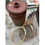 A LARGE LIDDED STONEWARE VESSEL AND THREE VINTAGE TENNIS RACKETS