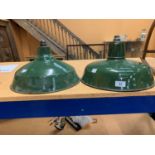 TWO DARK GREEN ENAMEL METAL LAMPSHADES