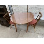 A PAIR OF ERCOL SPINDLE BACK KITCHEN CHAIRS AND DINETTE DROP LEAF TABLE