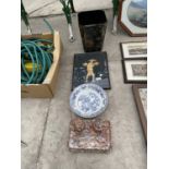 A MARBLE DESK SET, ORIENTAL PLATE , COLLAGE AND PAPER BIN