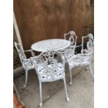 A WHITE PAINTED METAL GARDEN TABLE WITH FOUR ARM CHAIRS