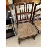 A LANCASHIRE SPINDLE BACK RUSH SEATED ROCKER