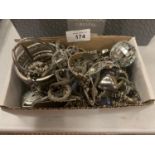 A BOX OF ASSORTED WHITE METAL JEWELLERY