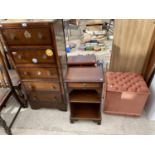 AN OAK CHEST OF FIVE DRAWERS, A MAHOGANY SIDE CABINET, A CD CABINET AND A BUTTONED LINEN BOX