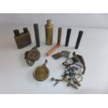 A COLLECTION OF ASSORTED OIL BOTTLES, SHRAPNEL, FIRED BULLETS, COMPASS WATCH ETC