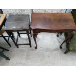 A 19TH CENTURY STYLE FOLD-OVER CARD TABLE AND BARLEY TWIST OCCASIONAL TABLE