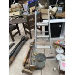 A STEP LADDER, GARDEN TOOLS, GALVANISED BUCKET, WALKING STICKS ETC