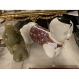 TWO ORIENTAL STYLE FIGURES, ONE GREEN RESIN AND ANOTHER CERAMIC